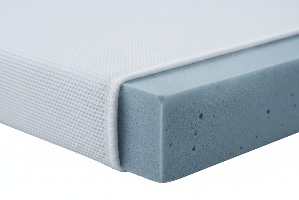 Close-up cross-section of cooling memory foam and high-stretch washable cover fabric of the DSARD Queen Mattress Topper