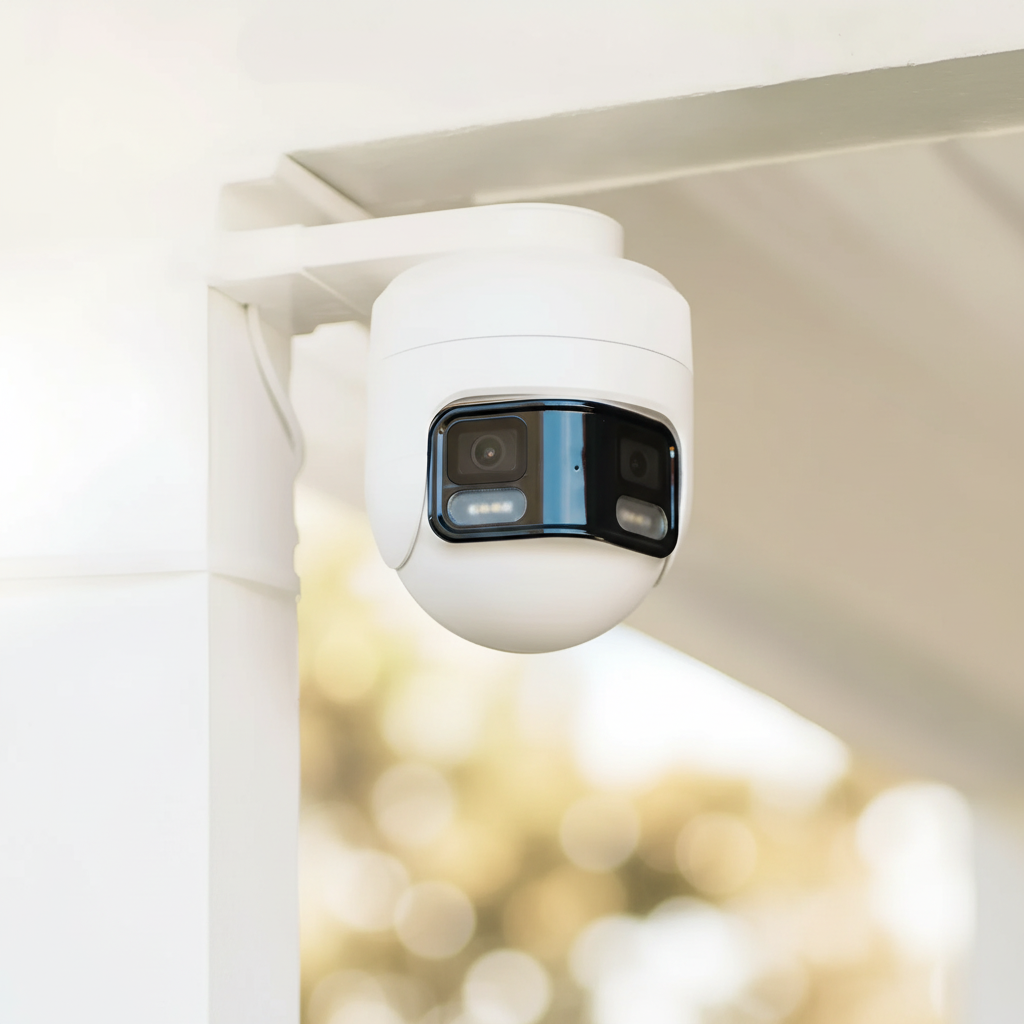This version features the white dual-lens dome camera mounted on a clean white ceiling corner, with sharp lens detail and a warm blurred background. Let me know if you'd like any tweaks — brighter background, different angle, or a wider crop!