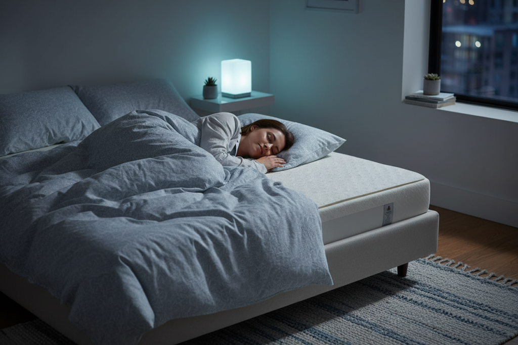 Person sleeping comfortably on their side on a queen bed with DSARD cooling memory foam mattress topper for pressure relief and night sweat relief