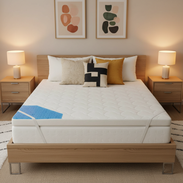 Luxury Cooling Memory Foam Queen Mattress Topper with blue gel cooling layer on a modern wooden platform bed in a Nordic minimalist bedroom