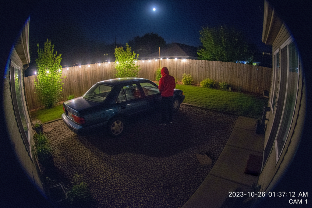 A security camera (fisheye lens) captures a nighttime backyard scene at 1:37 AM on October 26, 2023. A person wearing a red hoodie and dark pants stands beside a dark-colored sedan parked on a gravel driveway. The backyard is enclosed by a wooden fence strung with warm string lights, with green shrubs and grass visible. The moon is visible in the dark blue sky above.