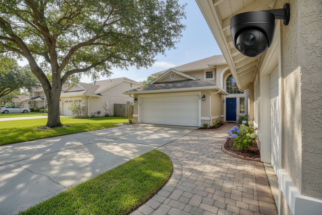 Wireless panoramic outdoor camera motion detection mounted above garage door on suburban home 
