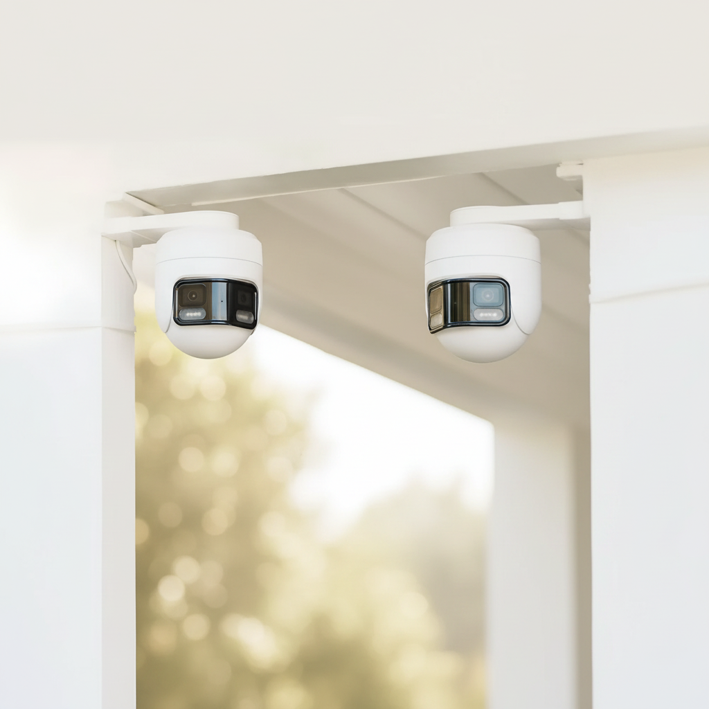 Panoramic outdoor security camera for home security displayed alongside modern home exterior decor 