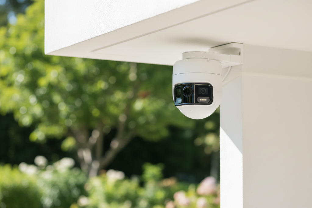  Panoramic outdoor security camera wireless mounted on modern home exterior at dusk