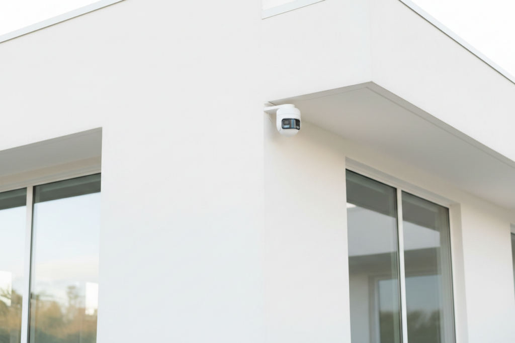 Panoramic outdoor camera with night vision showing color footage of backyard at night