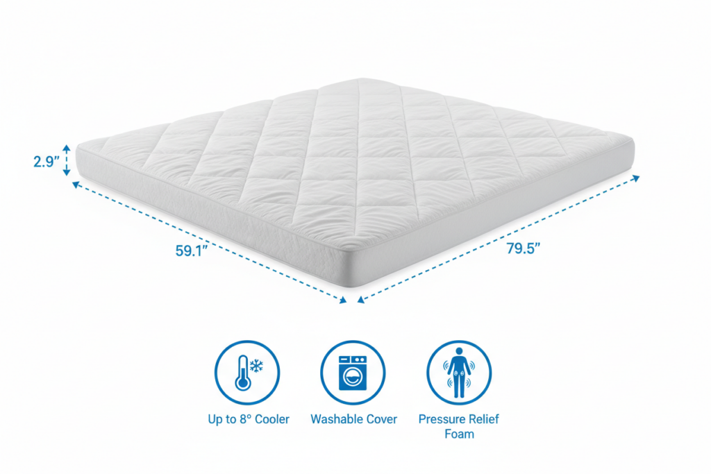  Infographic showing DSARD Queen Mattress Topper dimensions 79.5x59.1x2.9 inches with cooling technology, washable cover, and pressure relief features
