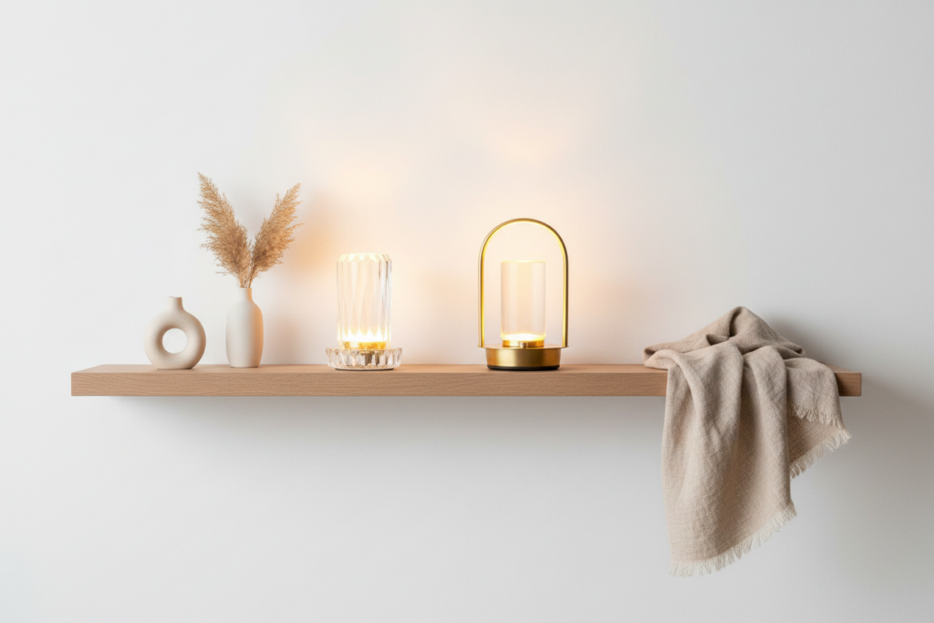 DSARD LED touch table lamp collection on a styled Nordic shelf with minimal home decor
