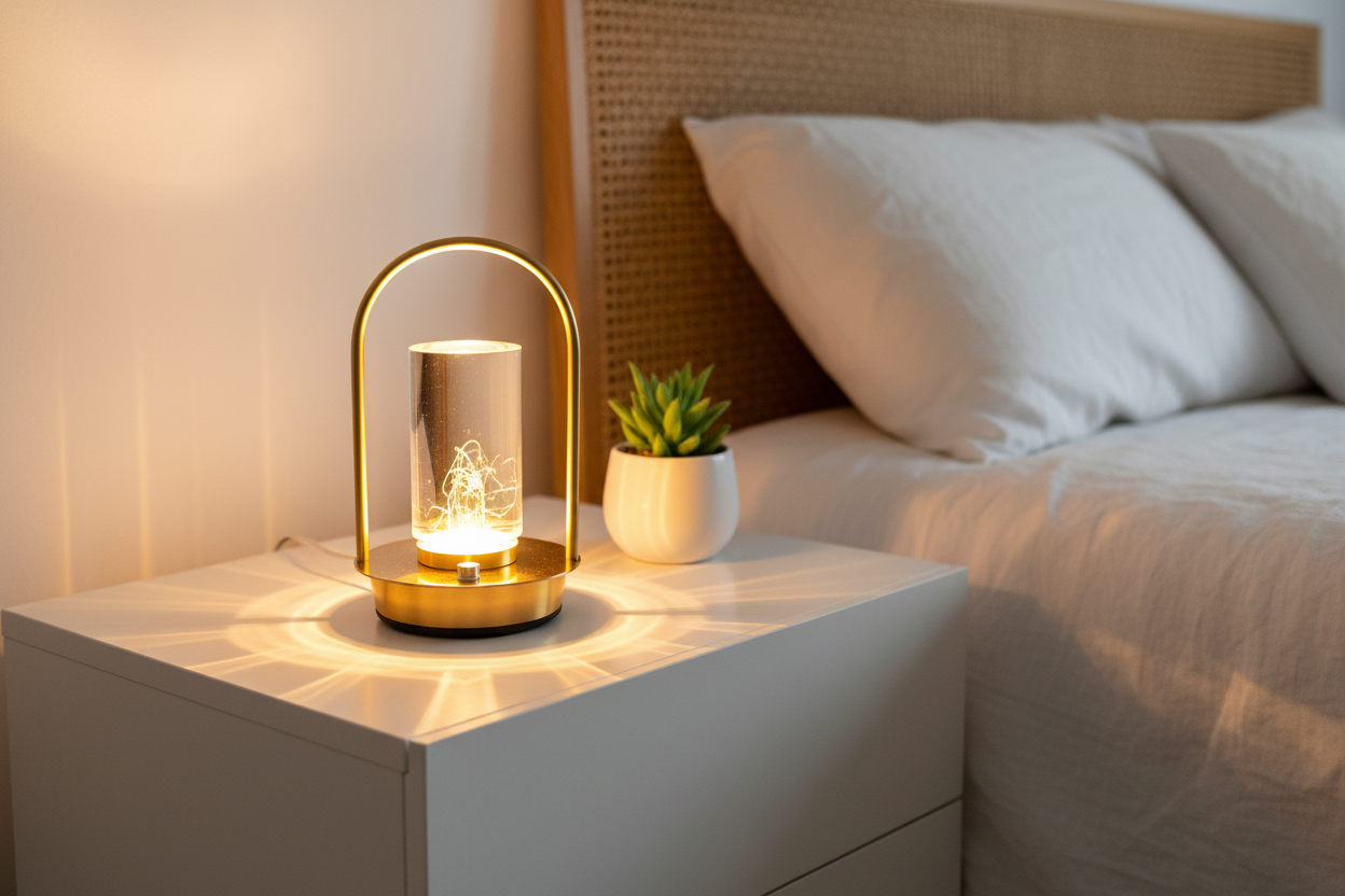 Crystal LED touch table lamp with warm white glow on a minimalist Nordic nightstand premium home decor by DSARD
