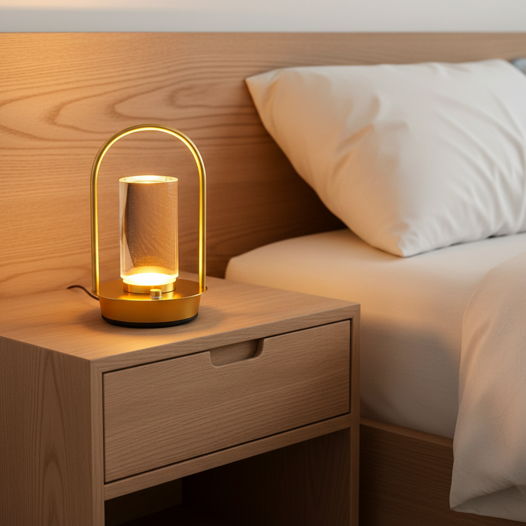 RGB LED touch table lamp with crystal base glowing in a modern Nordic bedroom 