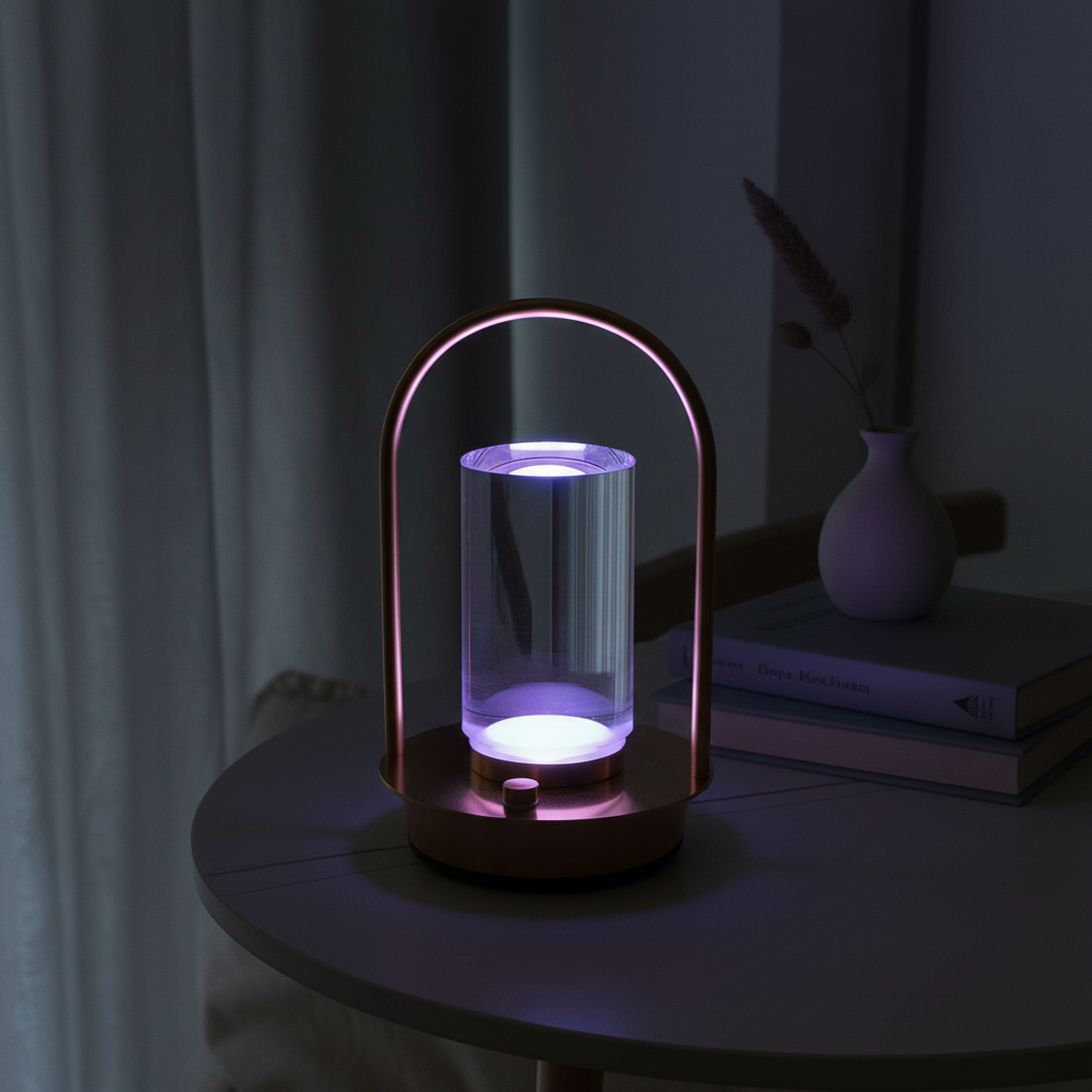 RGB color changing LED lamp casting soft purple light on a Nordic living room side table