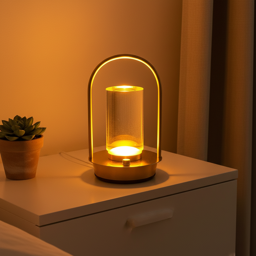 Crystal LED touch table lamp with warm white glow on a minimalist white nightstand
