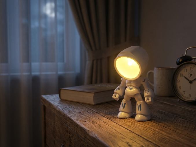 Mini LED robot night light glowing on nightstand in kids bedroom