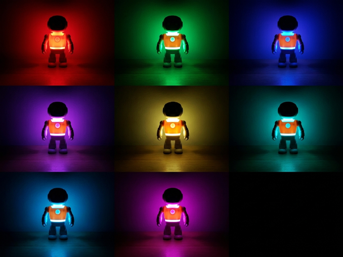 Color changing robot night light cycling through soft LED colors