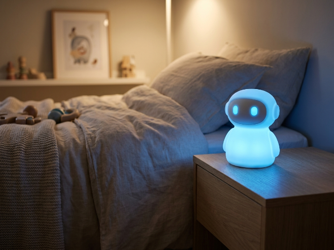 Mini LED robot night light glowing softly on kids bedroom nightstand